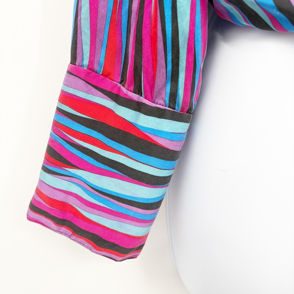 Cache Womens Multicolor Striped Y2K Retro Vibrant Wrap Front Silk Top Size L - Picture 3 of 6